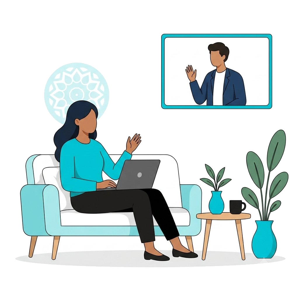 Pessoa em casa fazendo terapia online pelo laptop